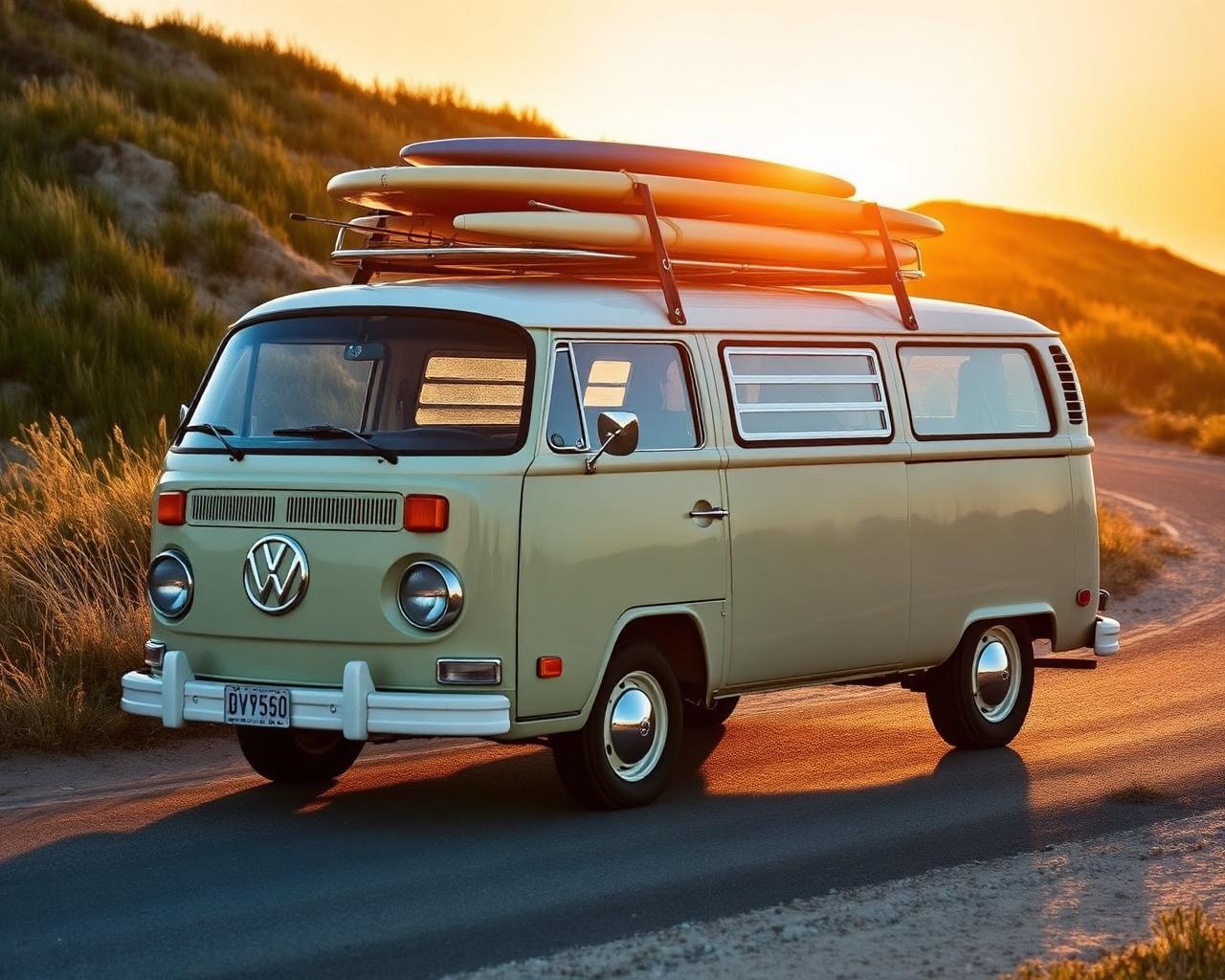 Surf van at sunset